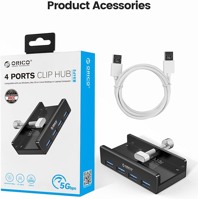 ORICO USB 3.0 Hub, USB Hub Clamp, Aluminum 4-Port USB Splitter with 4.92 FT USB Data Cable, Desktop Powered USB Hub for Monitors/Desks-Black (Without Power Adapter)