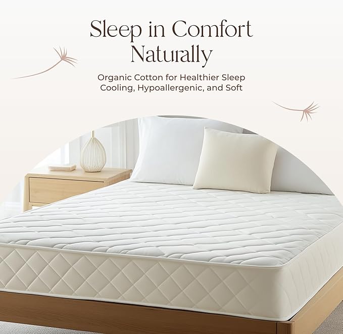 100% Cotton Organic Mattress Pad - Breathable, Cooling, Not Waterproof Mattress Protector Twin Size - Premium 300GSM Quilted and Noiseless Machine Washable Organic Mattress Protector (White, Twin)