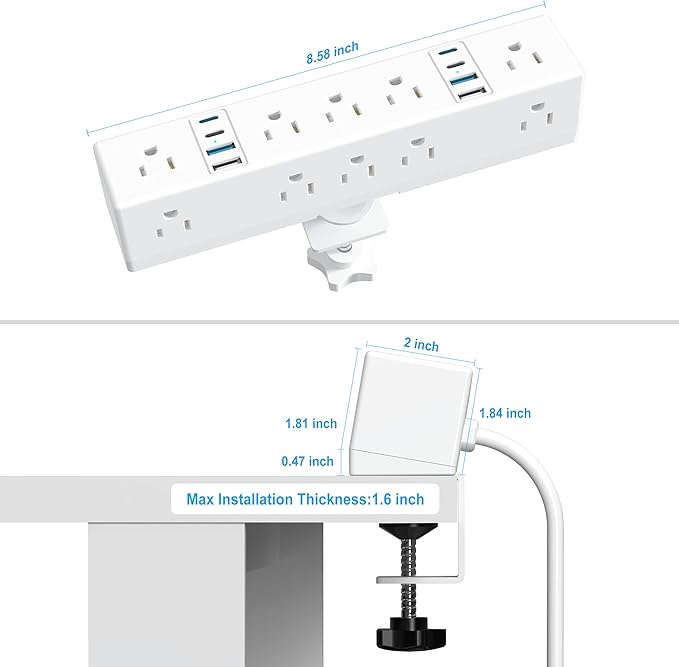 40W Fast Charging Station, VILONG Desk Clamp Power Strip, Desktop Mount Surge Protector, 8 USB Ports(4 USB-C), 10 AC Outlets and 10Ft Cord, for Home, Office, Fit 1.6" Tabletop Edge