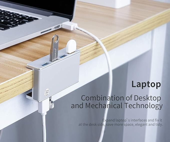 ORICO USB 3.0 Hub Clamp - Aluminum 4-Port USB Splitter With Extra Power Supply Port, 4.92 FT USB A to C Cable, Desktop Powered Hub for Monitors/Desks - Silver