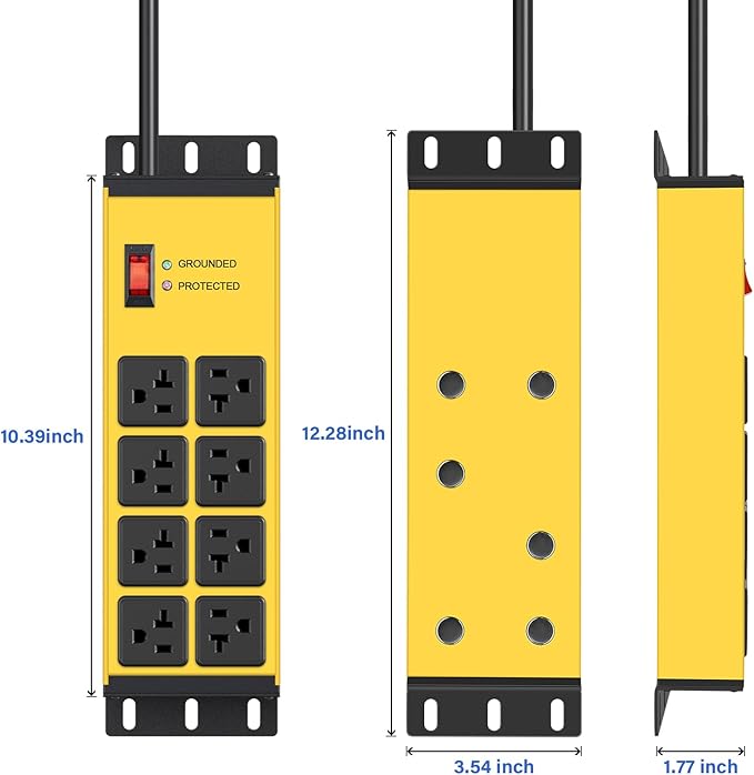 CCCEI 2PCS Heavy Duty Power Strip Surge Protector 20 AMP, 8 Outlets 12 Gauge Shop Garage Metal Multiple Outlets, 6 FT Extension Cord 5-15P Adapter High Amp 6-20R T-Slot 20a for Appliance Yellow.