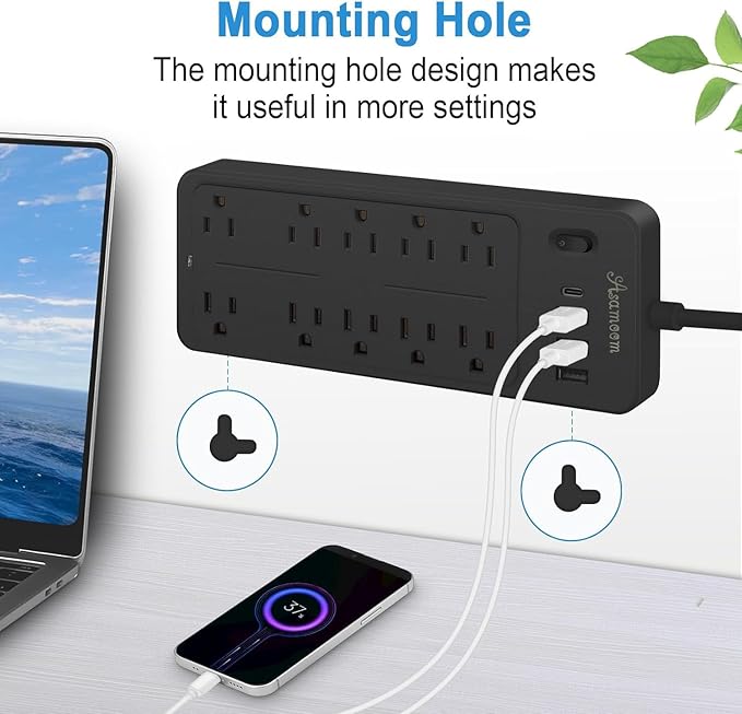 20 FT Power Strips with Surge Protection 1625W/13A, 10 Outlets with 4 USB Ports (1 USB C) Long Extension Cord with Multiple Outlets 14-in-1 1700J 16Awg Flat Plug Power Strip Protector Black ETL Listed