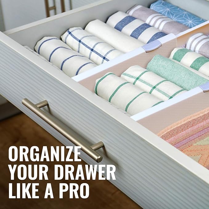 RAPTUROUS 4" Tall Drawer Dividers, 8-Pack, 11-17" Long, Expandable & Adjustable, Strong & Sturdy Non-Slip Dividers for Dresser, Closet, Kitchen, Nursery, and Office (White)