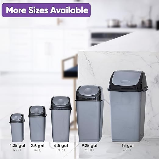 Superio Small 2.5 Gallon Plastic Trash Can with Swing Top Lid, Compact Slim Waste Bin for Under Desk, Office, Bedroom, Bathroom, Dorm Room, 10 Qt. Portable Garbage Can (Grey/Black, 2 Pack)