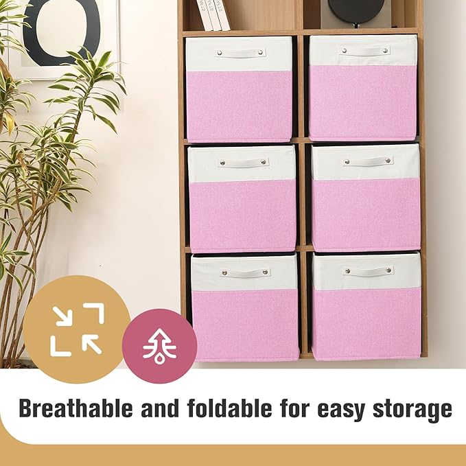 13 x 13 Inch Fine Linen Storage Bins with Handles,Fabric Cube Boxs,Collapsible Basket Organizers for Shelves for Home, Closet Drawers (White/Pink-6 Pack)