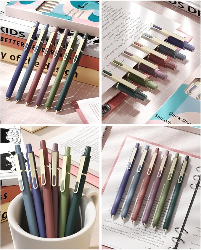 SUNEE Gel Pens, 6 Pack 0.5mm Pens Fine Point Smooth Writing Pens with Quick-Dry Black Ink, Cute Aesthetic School Office Note-Taking Pens for Journaling - Vintage