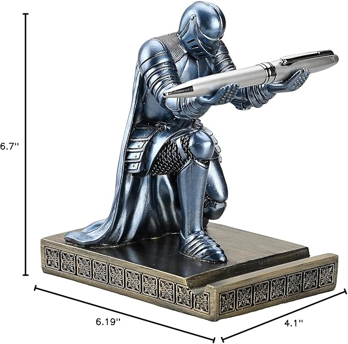 Windbreaker Soldier Knight Pen Holder Personalized Desk Accessory, Mobile Phone & Gaming Controller Holder, Device Stand Gift for Medieval Enthusiasts (Blue)