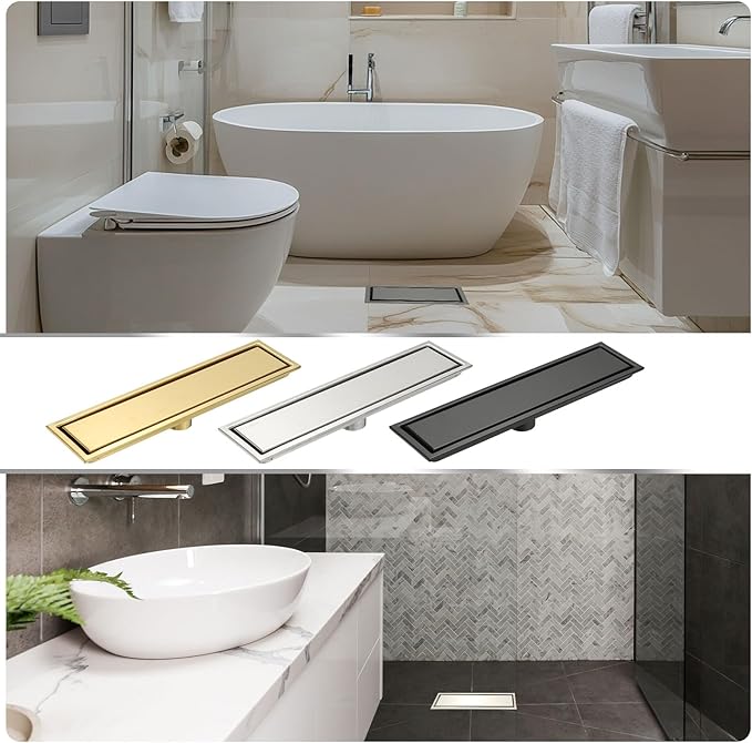 uxcell Rectangular Shower Drain, Brushed 304 Stainless Steel Odor-Proof Floor Drain Linear Shower Drain Hair Catcher for Bathroom Kitchen and Laundry Room(12 Inch, Black)