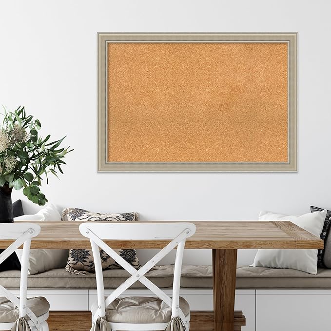 Amanti Art Natural Cork Board for Wall, 28x40 Vision Board with Silver Wood Frame, Large Corkboard Office Decor for Home Organization, Modern Contemporary Corkboard Pinboard to display items for home