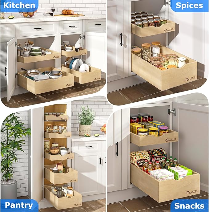WelFurGeer Premium Birchwood Pull-Out Cabinet Drawers, 14" W x 22" D Pull Out Cabinet Organizer, Soft Close Slide-Out Shelves for Kitchen Cabinets, Heavy-Duty Cabinet Organizer for Home & Kitchen
