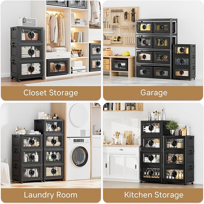 JEKO&JEKO 249Qt Lockable Stackable Storage Bins with Lids, Collapsible Closet Organizer with Wheels, Plastic Cabinet Drawer for Clothes, Dorm Room 3 Pack (Black)