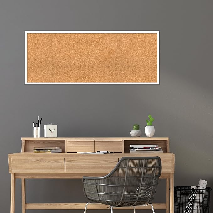 Amanti Art Natural Cork Board for Wall, 21x53 Vision Board with White Frame, Oversize Corkboard Office Decor for Home Organization, Modern Corkboard Pinboard to Display Items for Home Organization in