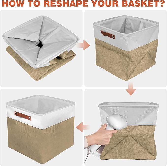 13in Open Fabric Storage Basket with Leather Handles for Organizing, Collapsible Linen Closet Bins for Shelves, Closets, Laundry, Decorative Basket for Gifts. (White&Khaki, 2PCS/13x13in)