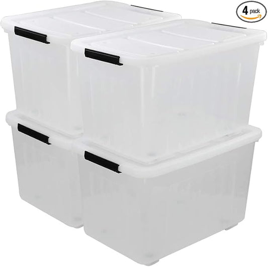 70 L Clear Plastic Large Storage Box with Wheels, Set of 4 LargeLatch Plastic Box for Storage