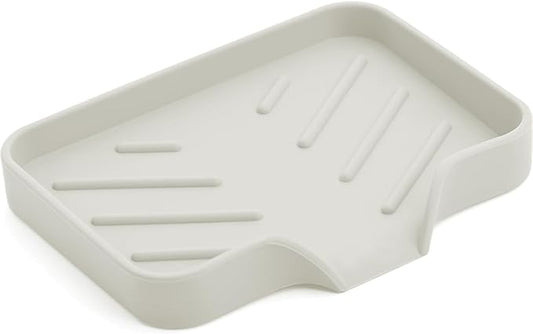 Sponge Holder with Drain Spout, Silicone Sponge Tray for Kitchen Sink, Rubber Soap Dish for Shower Bathroom (Beige, 4.7" x 3.6")