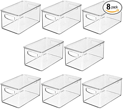 mDesign Plastic Deep Storage Bin Box Container with Lid and Built-In Handles - Organization for Fruit, Snacks, or Food in Kitchen Pantry, Cabinet, or Cupboard, Ligne Collection, 8 Pack, Clear