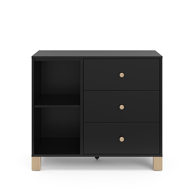 Storkcraft California 3 Drawer Combo Dresser (Black with Driftwood) – GREENGUARD Gold Certified, Interlocking Drawer System, Pre-Installed Drawer Tracks for Easier Assembly, Spacious Cabinet