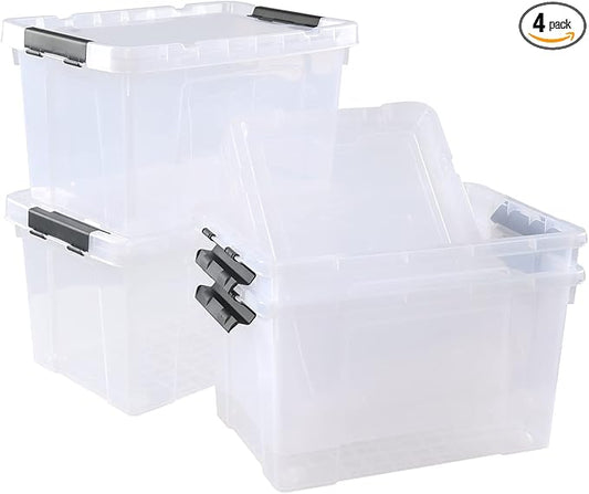 4 Pack 22 L Clear Plastic Storage Box with Wheels, Latch Storage Bin with Lid