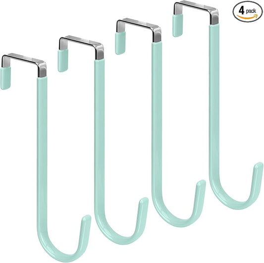 FYY Over The Door Hooks, 4 Pack Upgraded Long Door Hangers Hooks with Rubber Prevent Scratches Heavy Duty Organizer Hooks for Hanging Clothes, Towels, Hats, Coats, Bags LightGreen