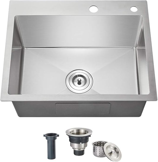 23x18 Inch Kitchen Sink, Handmade 304 Stainless Steel Sink, 9" Deep Single Bowl with Brushed Finish, Topmount with 2 Holes, R10 Tight Corner, for Modern Kitchen/RV/Outdoor Sink