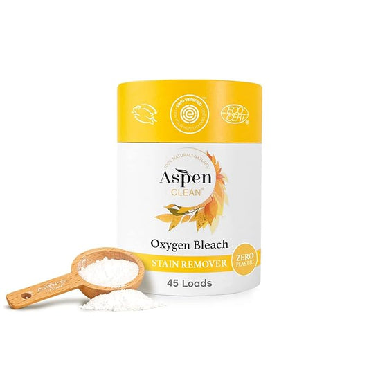 Unscented Oxygen Bleach Powder and Color Safe Stain Remover by AspenClean, Zero plastic, EWG Verified™, Vegan, Non-Bio, Hypoallergenic, Bleach Alternative - 45 Loads