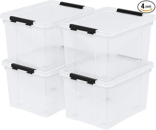 22 Qt Latching Storage Box, Stackable Bin with Latch Lid, Plastic Storage Container Tote, Clear, 4-Pack