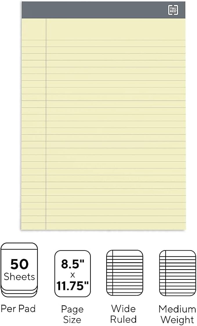 TRU RED Staples Notepads, 8.5" x 11.75", Wide Ruled, Canary, 50 Sheets/Pad, 12 Pads/Pack (TR57366)