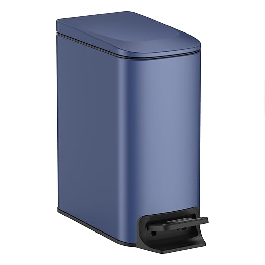 TIPGO Slim Bathroom Trash Can with Lid Soft Close, Step Pedal, 6 Liter / 1.6 Gallon Stainless Steel Trash Bin, Small Garbage Can for Bedroom, Office, Kitchen (Navy Blue)