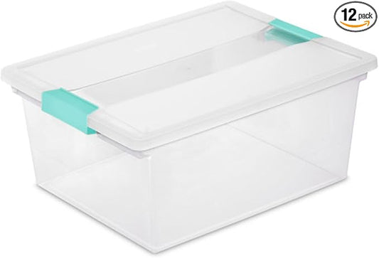 Sterilite 12-Pack Clip Box, Stackable Clear Plastic Bins with Latching Lids, Deep - Writing, Arts or Crafts Supplies Storage Containers for Home, Office, Classroom and Workshop Organization