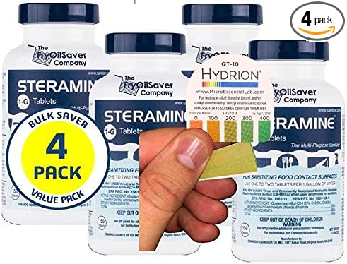 Pack of 4 (600 Tab) Steramine Sanitizing Tablets w/ 30x QT-10 Test Strips by FryOilSaver Co., Steramine Multi Purpose Contact Solution Sanitizer Tablets for Gym, Hotel, Bar, Restaurants & Food Service