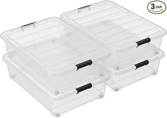 50 Quart Multipurpose Under Bed Storage Container Bins with Secure Latch Lid & Wheels, Underbed Storage Organizer Box, 3-Pack, Clear