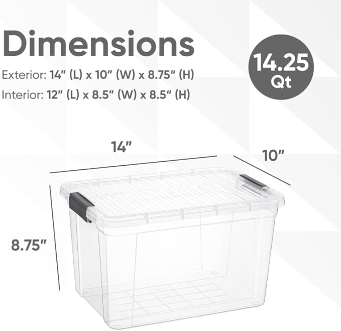 Superio Clear Storage Boxes with Lids, 14.25 Quart Plastic Container Bins for Organizing, Stackable Crates, BPA Free, Non Toxic, Odor Free, Organizers for Home, Office and Dorm, 4 Pack