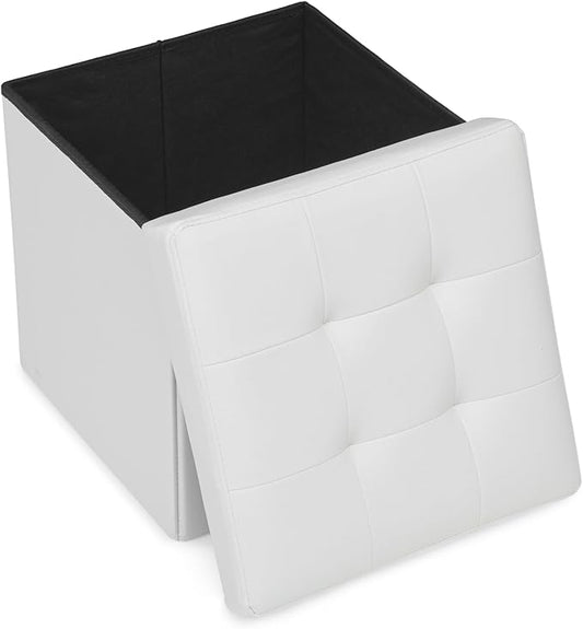 Athena Collection 15" Storage Ottoman Bench Folding Bench with 40L Hidden Storage, Small Cube Ottoman PU Leather Foot Rest Stool Chest with Flipping Lid for Living Room, Bedroom, Entryway, White