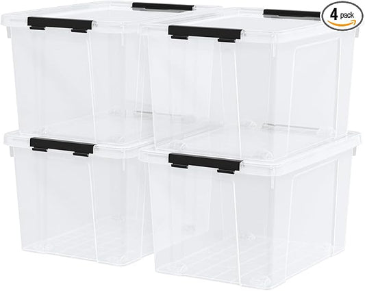 4 Pack Large Clear Plastic Storage Bins with Latching Lids, 50 Quart Plastic Storage Container with Wheels, Clear