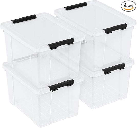 23 L Clear Plastic Storage Box with Lid, Stackable Lidded Storage Bin Container with Wheels and Secure Latching Buckles, 4 Packs