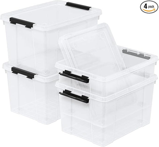 4 Pack 22 Quart Latch Box, Clear Home Organization Containers Bin with Lid, Buckle Up Storage Box Set