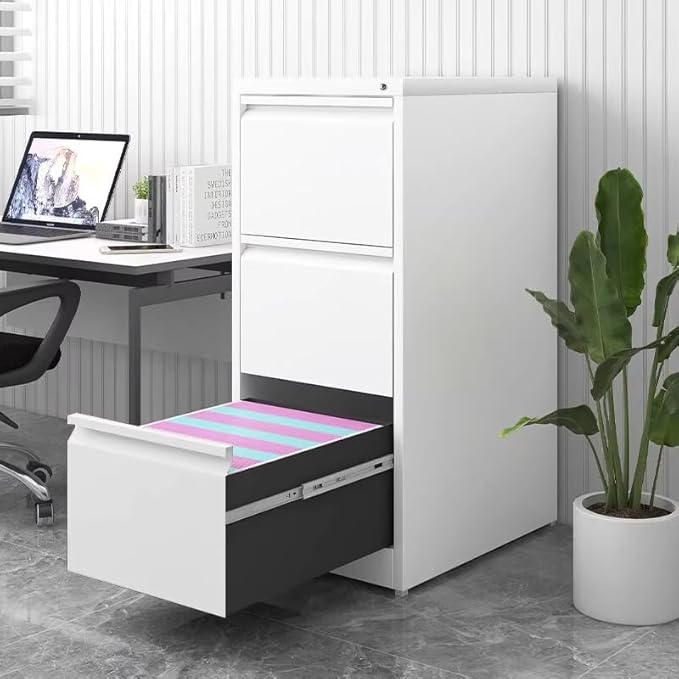 3 Drawer File Cabinet with Lock, Vertical File Cabinets for Home Office, Metal Filing Cabinets, Heavy Duty Steel Lockable Filing Storage Cabinet for Letter/Legal/A4/F4 Size Files, White