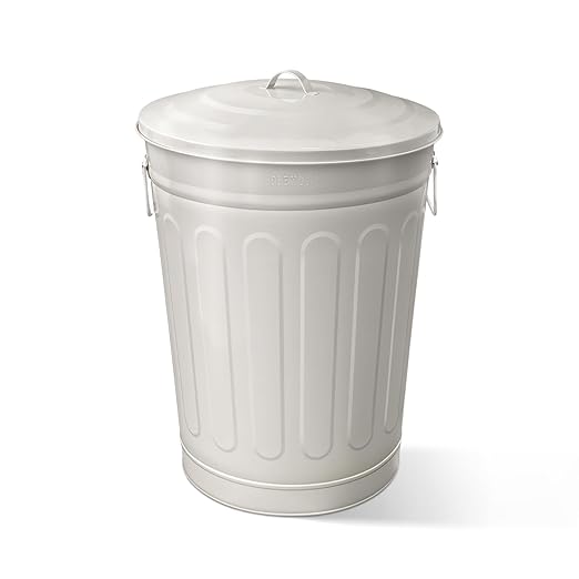 Plexon Round Trash Can 13 Gallon, Vintage Metal Outdoor Trash Can with Lid, Retro Farmhouse Garbage Container, Old School Modern Ash Bucket, Beige