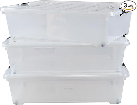 Kiddream 3-Pack 50 Quart Plastic Underbed Storage Bins with Lids/Wheels, Large Clear Storage Box