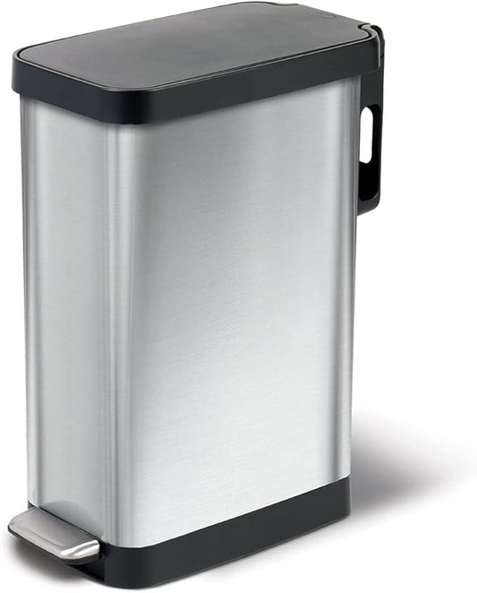 Glad Slim Trash Can with Clorox Odor Protection - Narrow Kitchen Garbage Bin with Soft Close Lid, Step On Foot Pedal and Waste Bag Roll Holder, Stainless Steel, 45 Liter