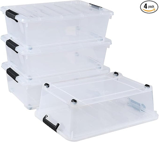 20 Quart Stackable Plastic Under Bed Bins with Lid, Set of 4 Clear Latch Storage Container with Wheels