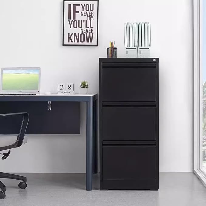 3 Drawer File Cabinet with Lock, Vertical File Cabinets for Home Office, Metal Filing Cabinets, Heavy Duty Steel Lockable Filing Storage Cabinet for Letter/Legal/A4/F4 Size Files, Black