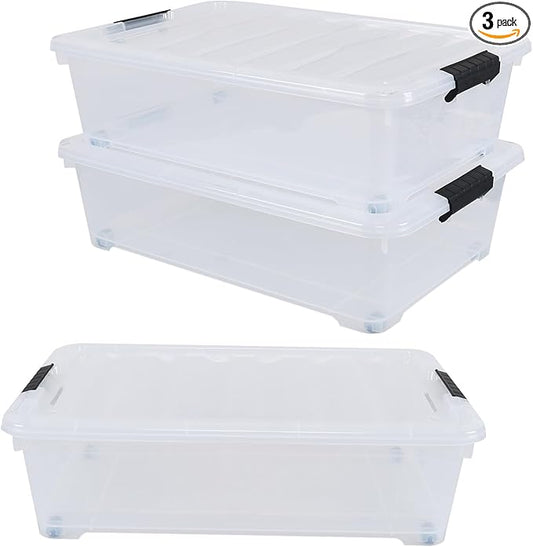 25 Quart Plastic Under Bed Storage Boxes, Wheeled UnderBed Storage Container, 3 Pack, Clear