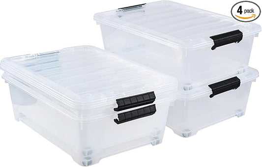 20 Quart Under Bed Plastic Storage Bins, 4-Pack Clear Under Bed Storage Box with Wheels