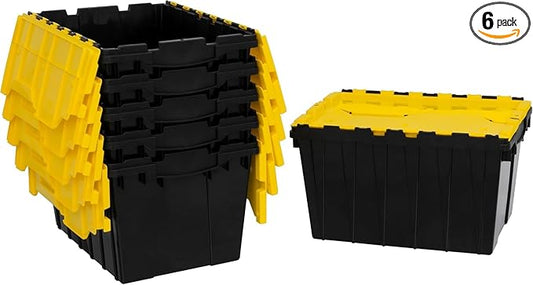 Akro-Mils KeepBox 12 Gallon Storage Container, Nesting and Stackable Plastic Storage Box with Lid Attached, Clear Tote for Garages, Closets, and Moving, 21-1/2" x 15" x 12-1/2", Black/Yellow, 6-Pack