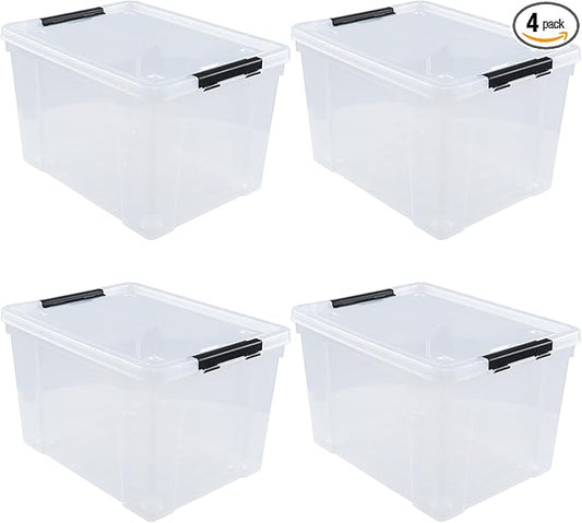 4-Pack 50 L Clear Plastic Storage Bin, Large Clear Latch Box with Wheels