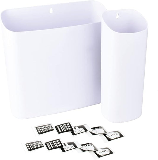 JS Jackson Supplies White Lint Bin with Magnetic Back (Set of 2), Large and Small Space Saving Trash Bins and Organizers for Laundry Room and Kitchen, Wall Mountable