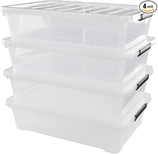 40 Quarts Under Bed Storage Boxes with Wheels, Large Plastic Shallow Tote Bins Set of 4
