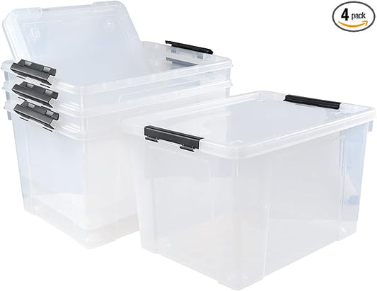 4 Pack Clear Storage Latch Bin with Lid, 34 L Plastic Wheeled Storage Box