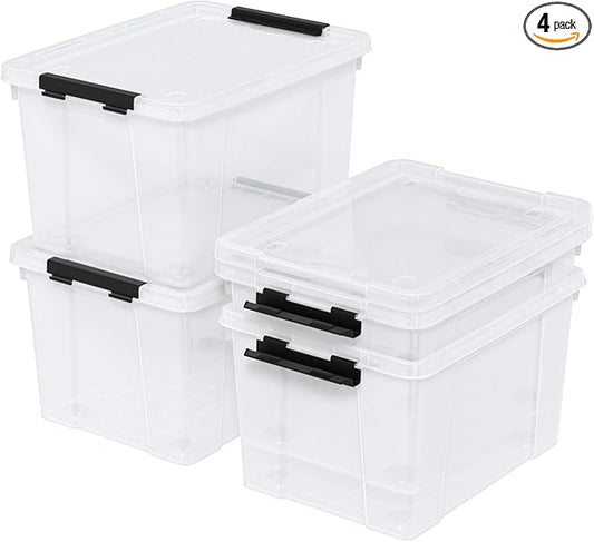 35 Quart Latching Storage Box with Wheels, See-Through Base Plastic Container Bins with Secure Latching Lid, Black Latch, (4-Pack)